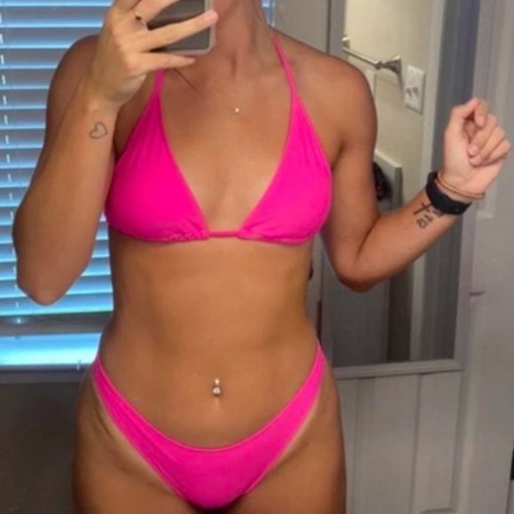 Hot Pink Preppy Womens Plain Halter Triangle Bikini Swimsuit With Cover Up - Picture 10 of 13